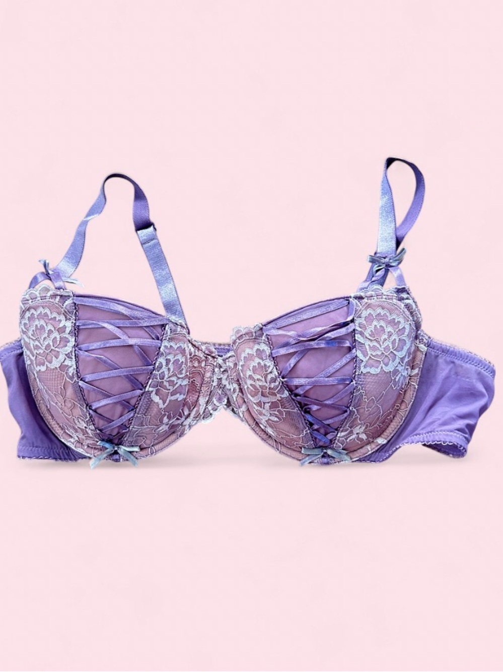 Coquette Renaissance Style Lace-Front Satin & Mesh Bra in Lilac - 42C - Adore me